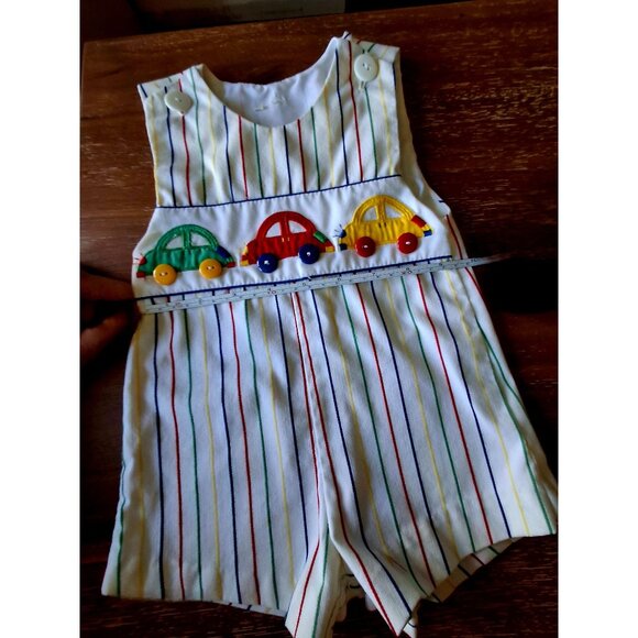 Vintage 80s 90s Toddler Striped Overalls with Car Appliqué & Button Closures - Picture 9 of 11